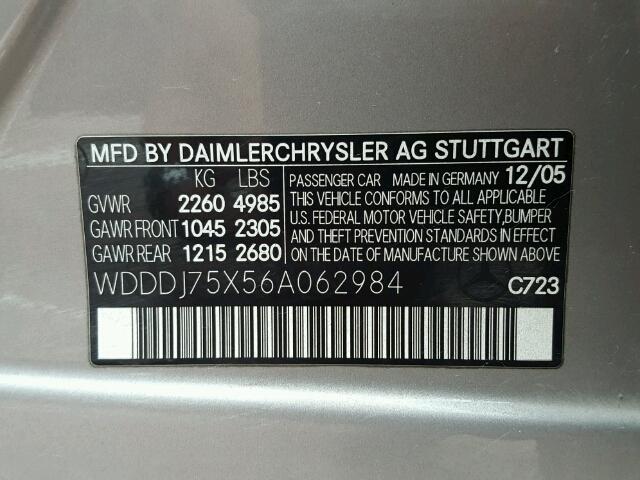 WDDDJ75X56A062984 - 2006 MERCEDES-BENZ CLS SILVER photo 10