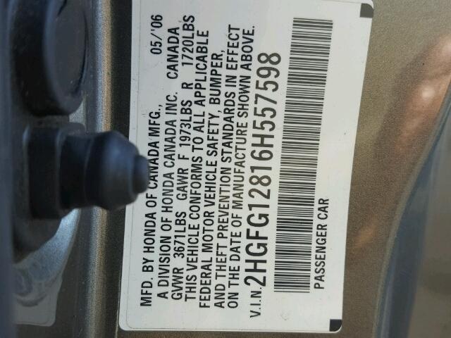 2HGFG12816H557598 - 2006 HONDA CIVIC EX ნაცრისფერი ფოტო 10
