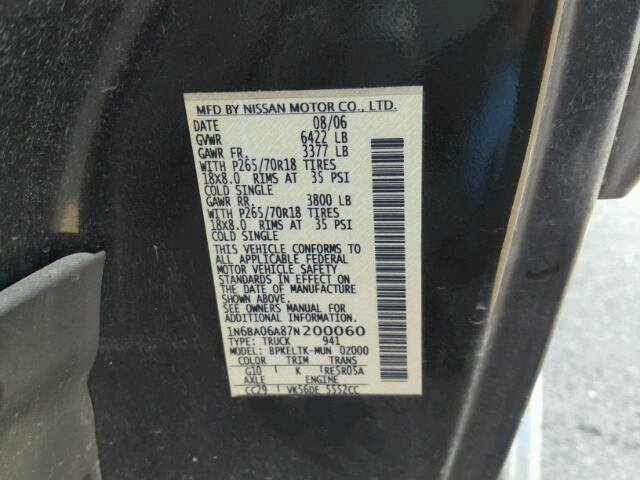 1N6BA06A87N200060 - 2007 NISSAN TITAN XE/S BLACK photo 10