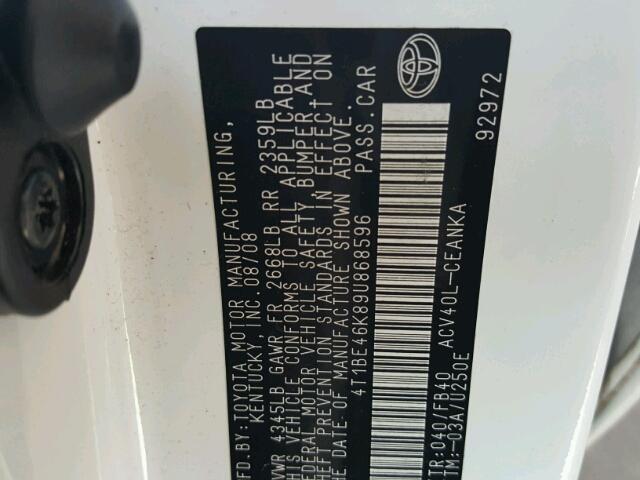 4T1BE46K89U868596 - 2009 TOYOTA CAMRY BASE WHITE photo 10