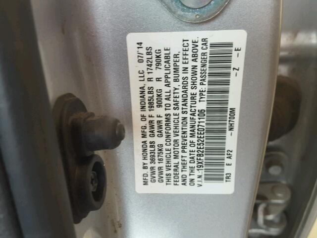 19XFB2E52EE071106 - 2014 HONDA CIVIC LX Plata foto 10