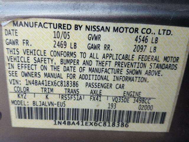 1N4BA41EX6C818386 - 2006 NISSAN MAXIMA SE GOLD photo 10