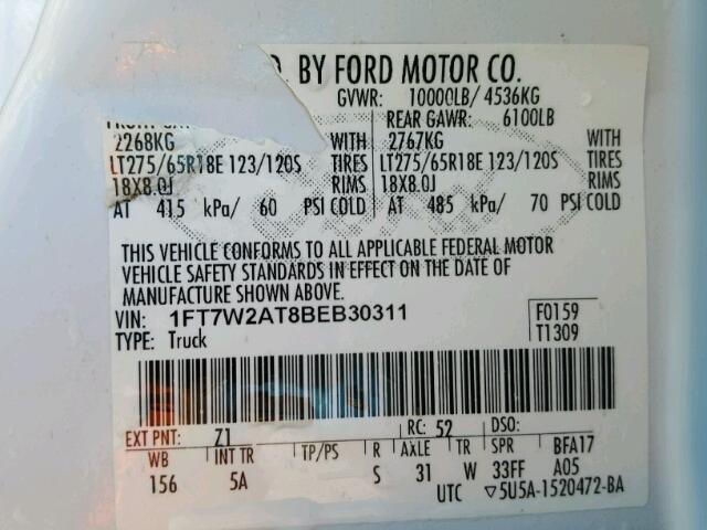 1FT7W2AT8BEB30311 - 2011 FORD F250 WHITE photo 10