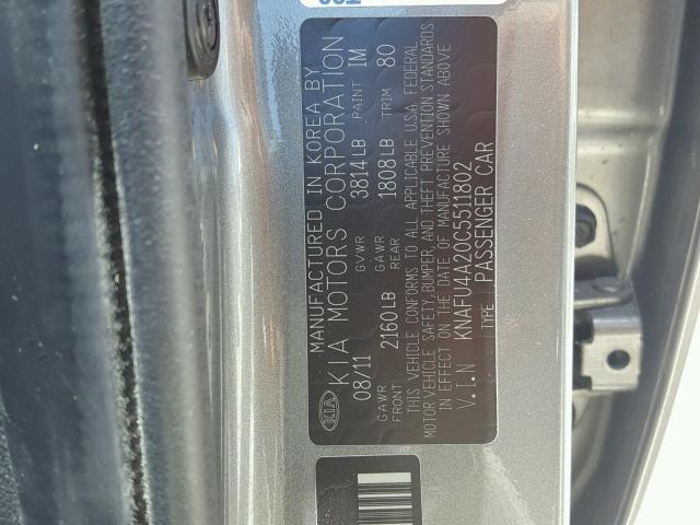 KNAFU4A20C5511802 - 2012 KIA FORTE EX ნაცრისფერი ფოტო 10