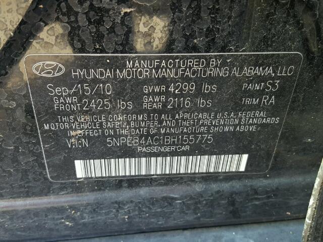 5NPEB4AC1BH155775 - 2011 HYUNDAI SONATA BLACK photo 10