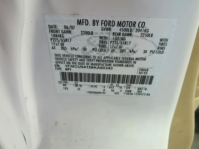 1FMCU04158KA90343 - 2008 FORD ESCAPE LIM WHITE photo 10