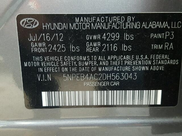 5NPEB4AC2DH563043 - 2013 HYUNDAI SONATA GLS GRAY photo 10