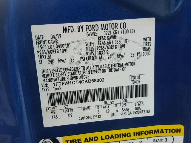 1FTFW1CT4CKD68002 - 2012 FORD F150 BLUE photo 10