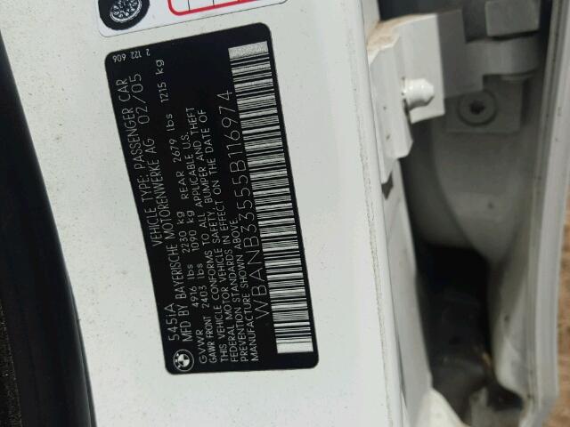 WBANB33555B116974 - 2005 BMW 545 I WHITE photo 10