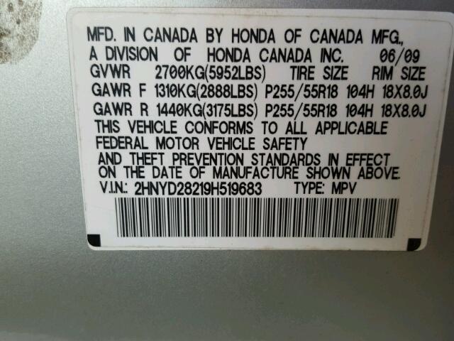 2HNYD28219H519683 - 2009 ACURA MDX SILVER photo 10