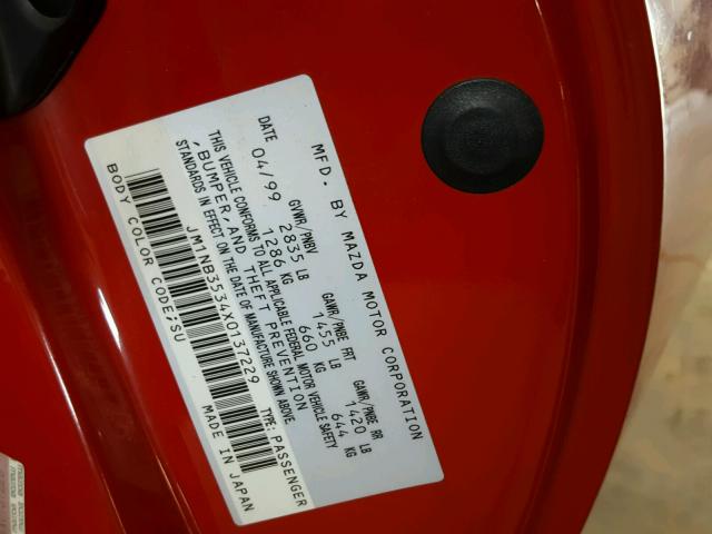 JM1NB3534X0137229 - 1999 MAZDA MX-5 MIATA RED photo 10