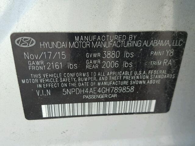 5NPDH4AE4GH789858 - 2016 HYUNDAI ELANTRA SILVER photo 10