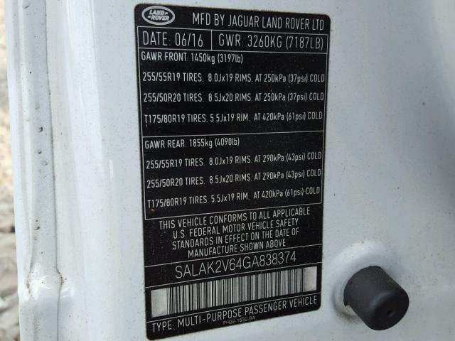 SALAK2V64GA838374 - 2016 LAND ROVER LR4 HSE LU WHITE photo 10