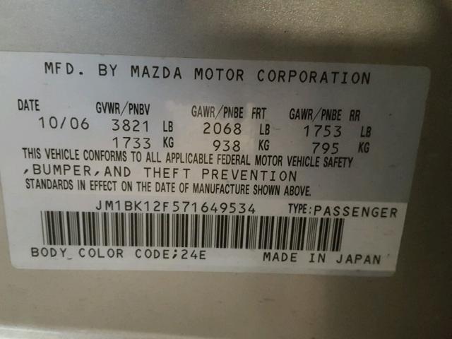 JM1BK12F571649534 - 2007 MAZDA 3 I GOLD photo 10