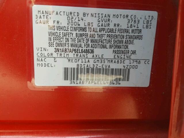 3N1AB7AP6EL648636 - 2014 NISSAN SENTRA S RED photo 10