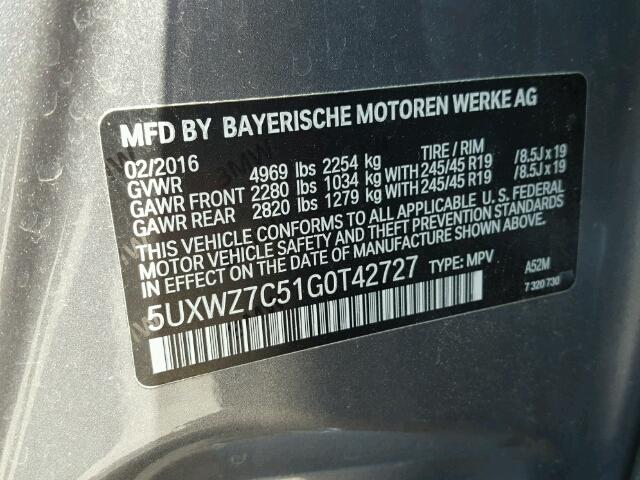 5UXWZ7C51G0T42727 - 2016 BMW X3 GRAY photo 10