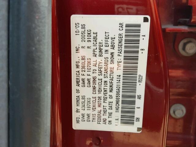 1HGCM66596A011414 - 2006 HONDA ACCORD RED photo 10