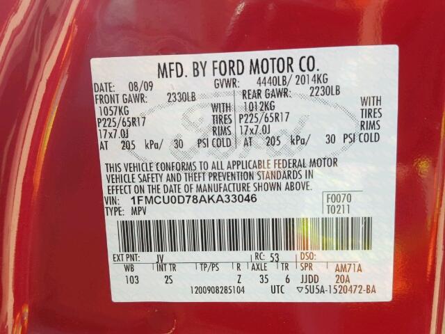 1FMCU0D78AKA33046 - 2010 FORD ESCAPE XLT RED photo 10