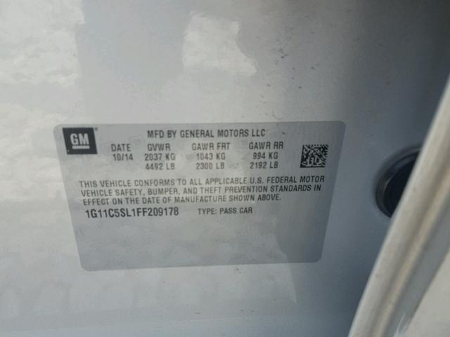 1G11C5SL1FF209178 - 2015 CHEVROLET MALIBU 1LT ვერცხლისფერი ფოტო 10