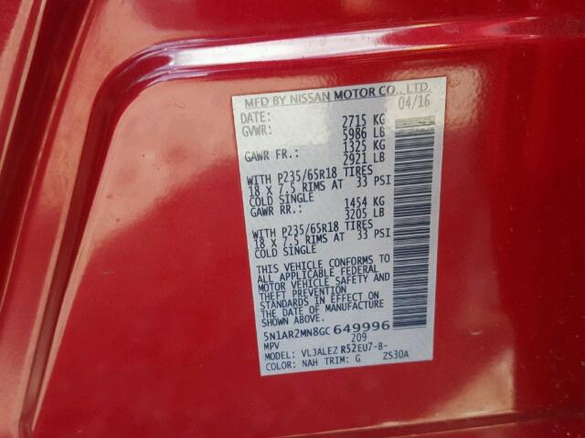 5N1AR2MN8GC649996 - 2016 NISSAN PATHFINDER წითელი ფოტო 10