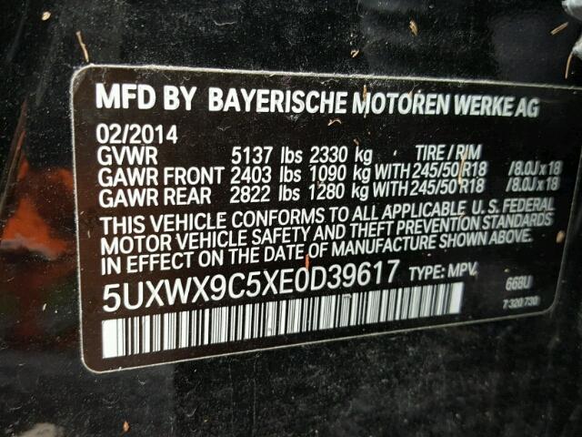 5UXWX9C5XE0D39617 - 2014 BMW X3 XDRIVE2 BLACK photo 10