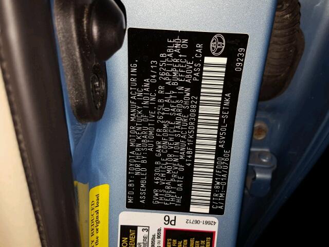 4T4BF1FK5DR308822 - 2013 TOYOTA CAMRY L BLUE photo 10