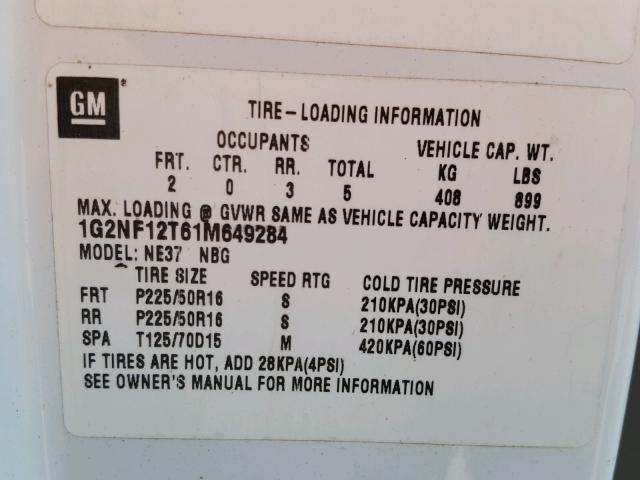 1G2NF12T61M649284 - 2001 PONTIAC GRAND AM S თეთრი ფოტო 10