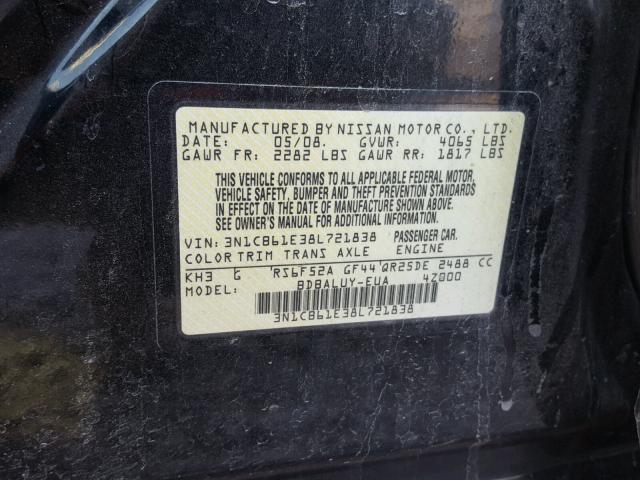 3N1CB61E38L721838 - 2008 NISSAN SENTRA SE- BLACK photo 10