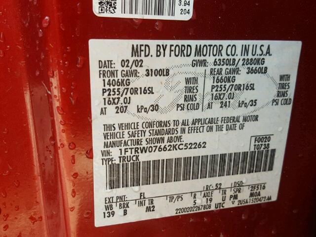 1FTRW07662KC52262 - 2002 FORD F150 SUPER RED photo 10