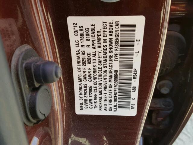 19XFB2F97CE050640 - 2012 HONDA CIVIC EXL 栗色 照片 10