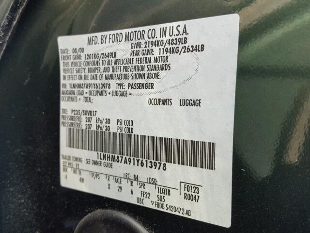 1LNHM87A91Y613978 - 2001 LINCOLN LS 绿色 照片 10