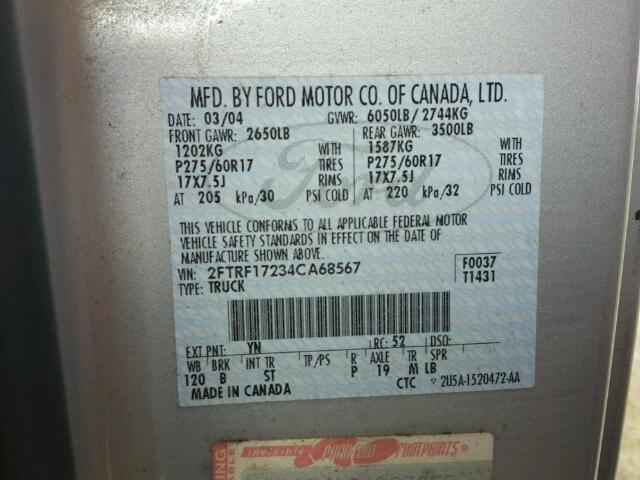 2FTRF17234CA68567 - 2004 FORD F-150 HERI SILVER photo 10