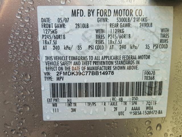 2FMDK39C77BB14978 - 2007 FORD EDGE SEL P SILVER photo 10