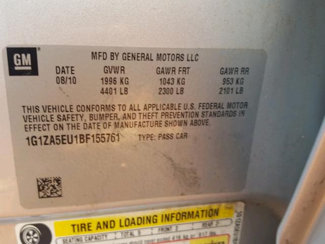 1G1ZA5EU1BF155761 - 2011 CHEVROLET MALIBU LS SILVER photo 10