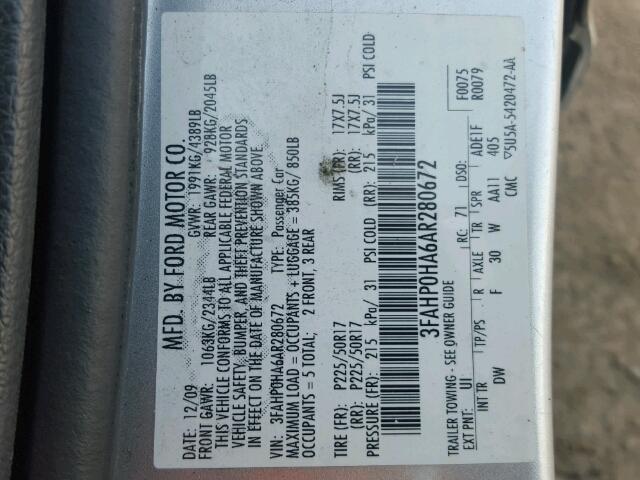 3FAHP0HA6AR280672 - 2010 FORD FUSION SE SILVER photo 10