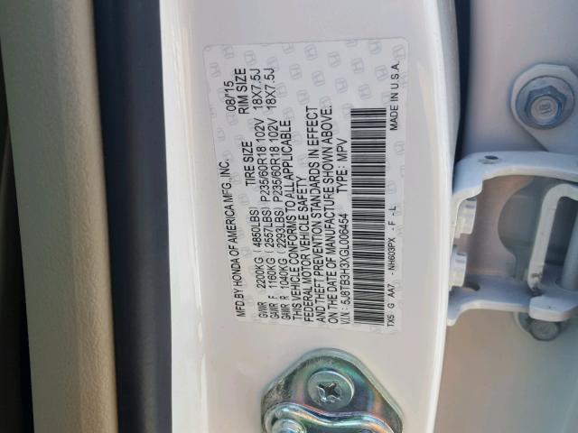 5J8TB3H3XGL006454 - 2016 ACURA RDX BASE WHITE photo 10