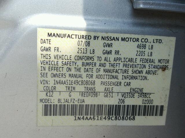 1N4AA51E49C808068 - 2009 NISSAN MAXIMA S SILVER photo 10