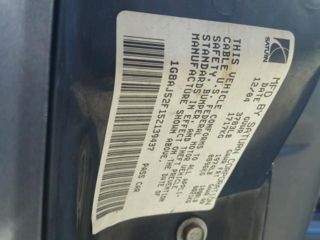1G8AJ52F15Z139437 - 2005 SATURN ION LEVEL GRAY photo 10