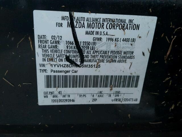 1YVHZ8DH0C5M35125 - 2012 MAZDA 6 I GRAY photo 10