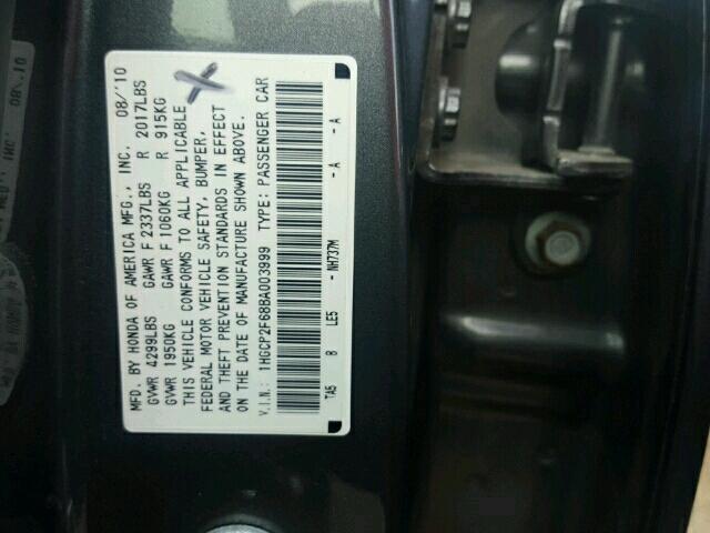 1HGCP2F68BA003999 - 2011 HONDA ACCORD SE GRAY photo 10