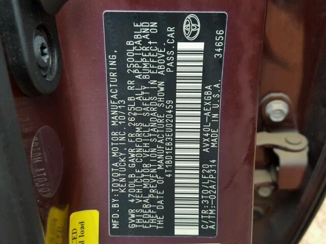 4T1BD1EB3EU020459 - 2014 TOYOTA AVALON MAROON photo 10