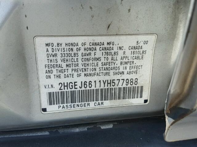 2HGEJ6611YH577988 - 2000 HONDA CIVIC BASE Gümüş foto 10