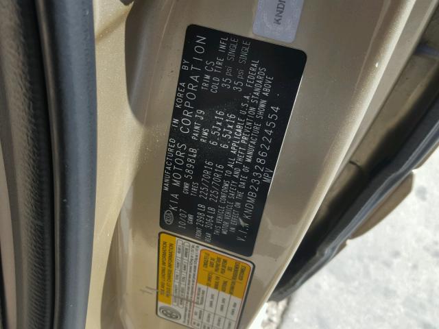 KNDMB233286224554 - 2008 KIA SEDONA EX GOLD photo 10