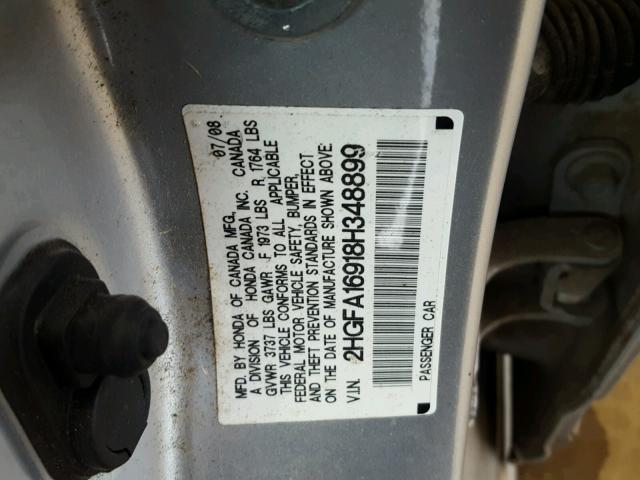 2HGFA16918H348899 - 2008 HONDA CIVIC EXL 银色 照片 10