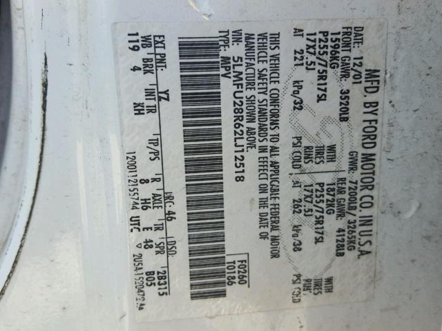 5LMFU28R62LJ12518 - 2002 LINCOLN NAVIGATOR WHITE photo 10