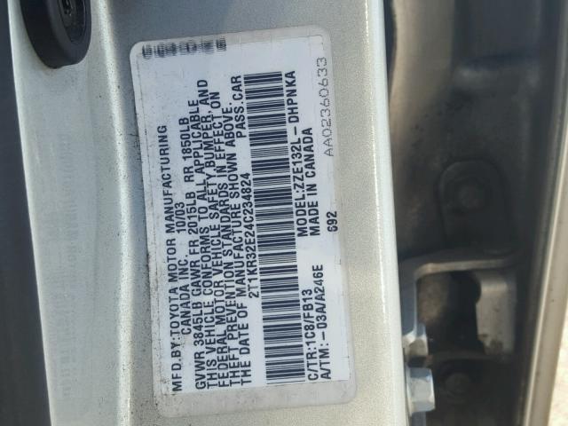 2T1KR32E24C234824 - 2004 TOYOTA COROLLA MA SILVER photo 10