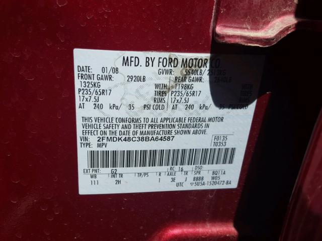 2FMDK48C38BA64587 - 2008 FORD EDGE SEL RED photo 10