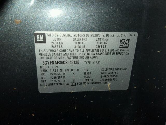 3GYFNAE36CS548130 - 2012 CADILLAC SRX GRAY photo 10