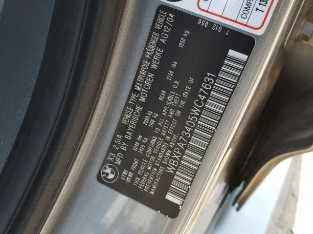 WBXPA73405WC47631 - 2005 BMW X3 2.5I GRAY photo 10