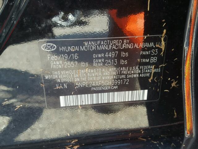 5NPE24AF5GH399172 - 2016 HYUNDAI SONATA SE BLACK photo 10